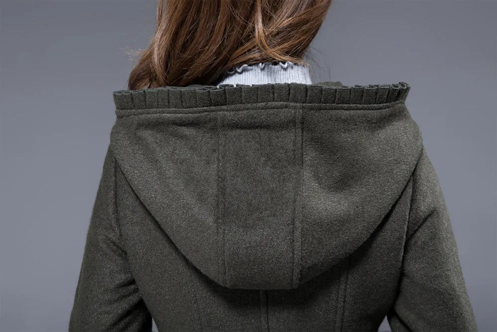 Army Green Hooded Wool Maxi Coat – Ruffle Trim Fit & Flare Winter Coat 