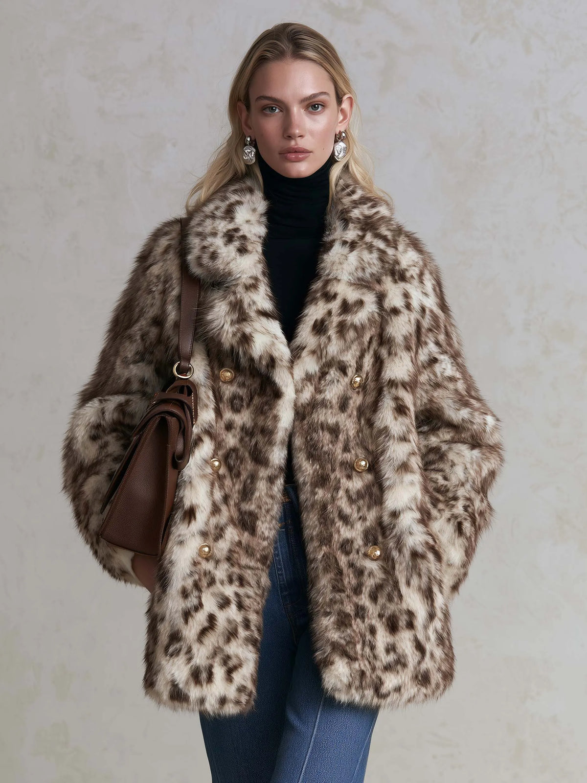 Vintage-Inspired Leopard Faux Fur Double-Breasted Gold Button Statement Coat
