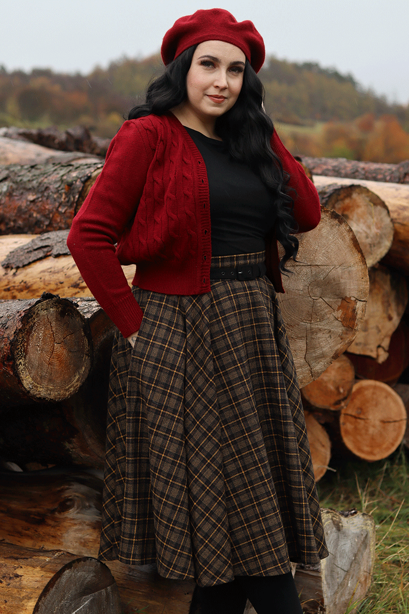 Plaid Wool Midi Skirt - Pleated Circle, High Waist 4727