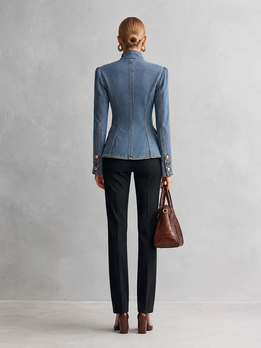 Retro Denim Stand Collar Military Jacket