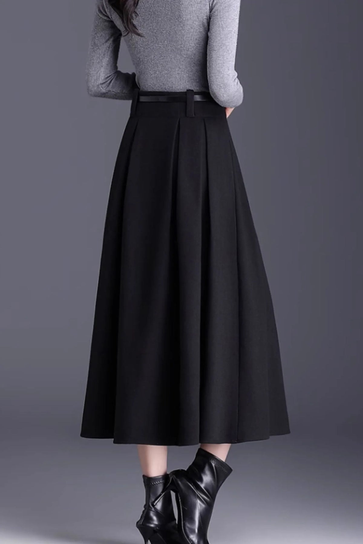 Brown Wool A-Line Midi Skirt - Pleated Elegant Silhouette 6137