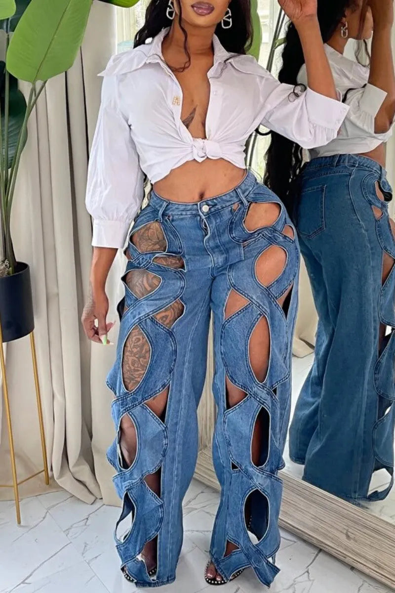 KittenAlarm - Casual Solid Hollowed Out Patchwork High Waist Regular Denim Jeans