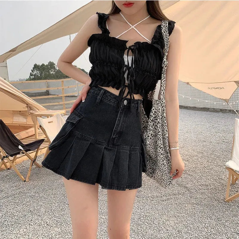 Vintage Pleated Black Y2K Gothic Patchwork A-line Skirt