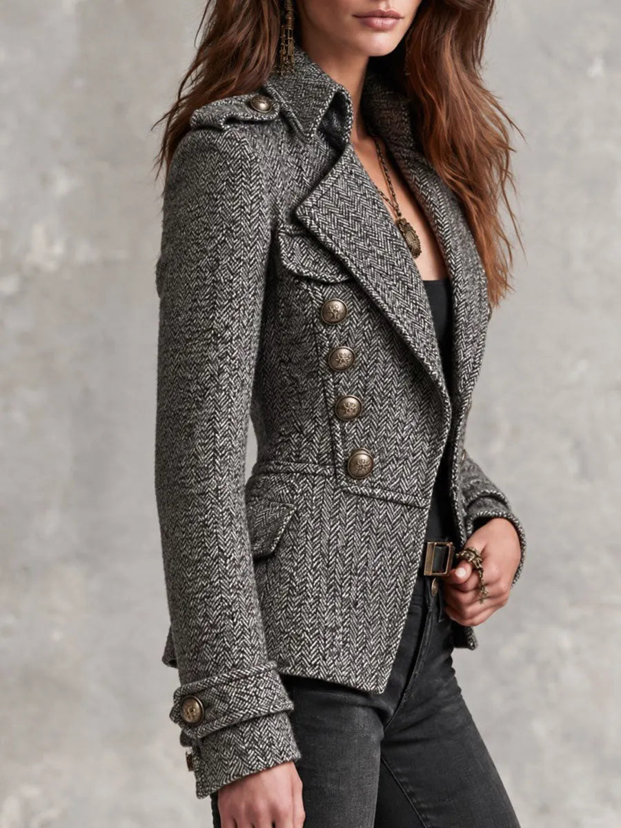 Grey Herringbone Tweed Military Jacket Bronze Double Breasted Button Fitted Short Blazer