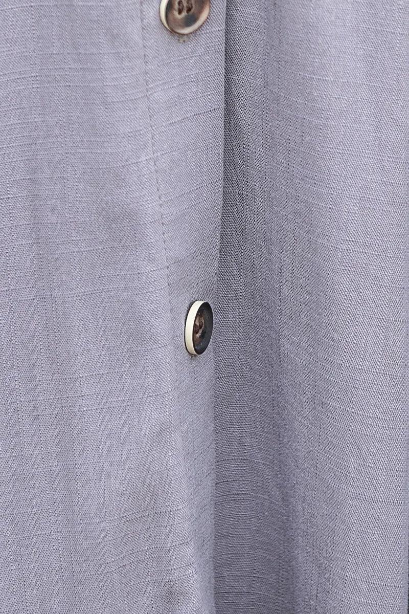 Grey Linen Cotton Midi Skirt - Button Front, Pleated Silhouette 3847