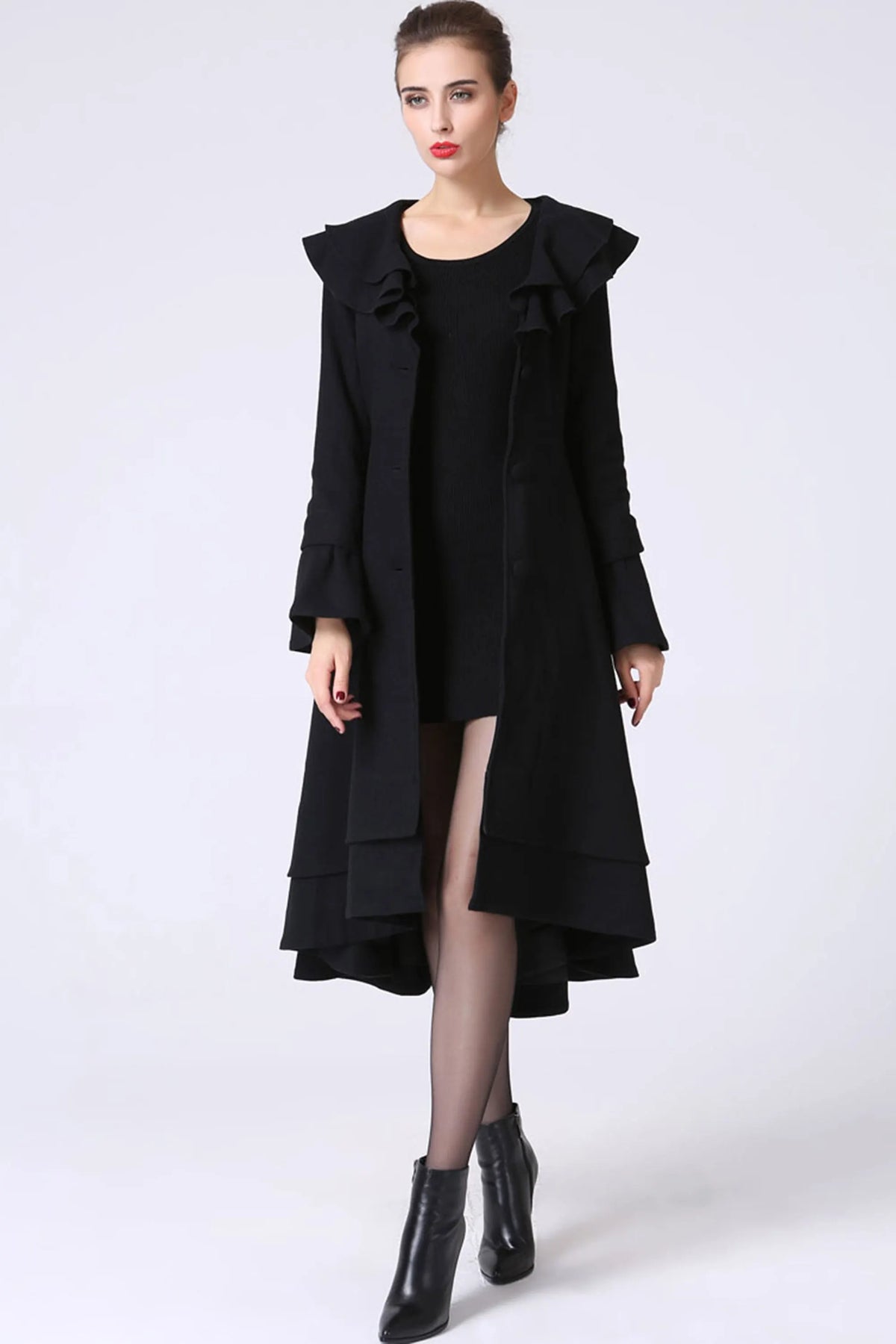 Black Wool Dress Coat – Elegant Ruffle Detail Belted Winter Coat 1062