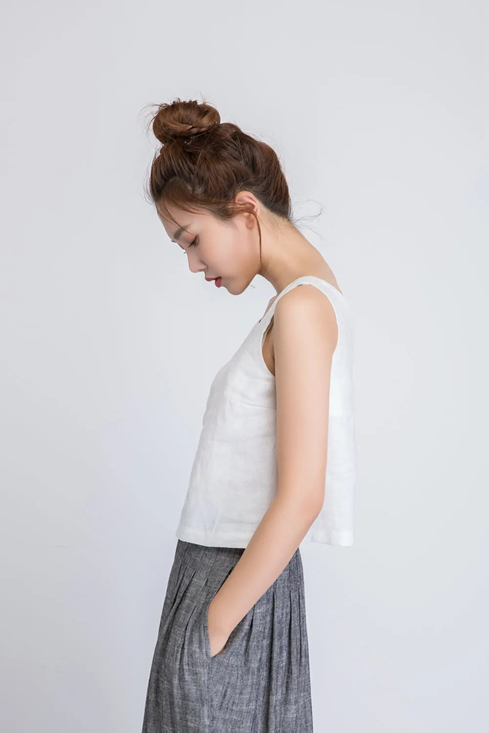 White Linen Sleeveless Top - Loose Fit, V Back 1946