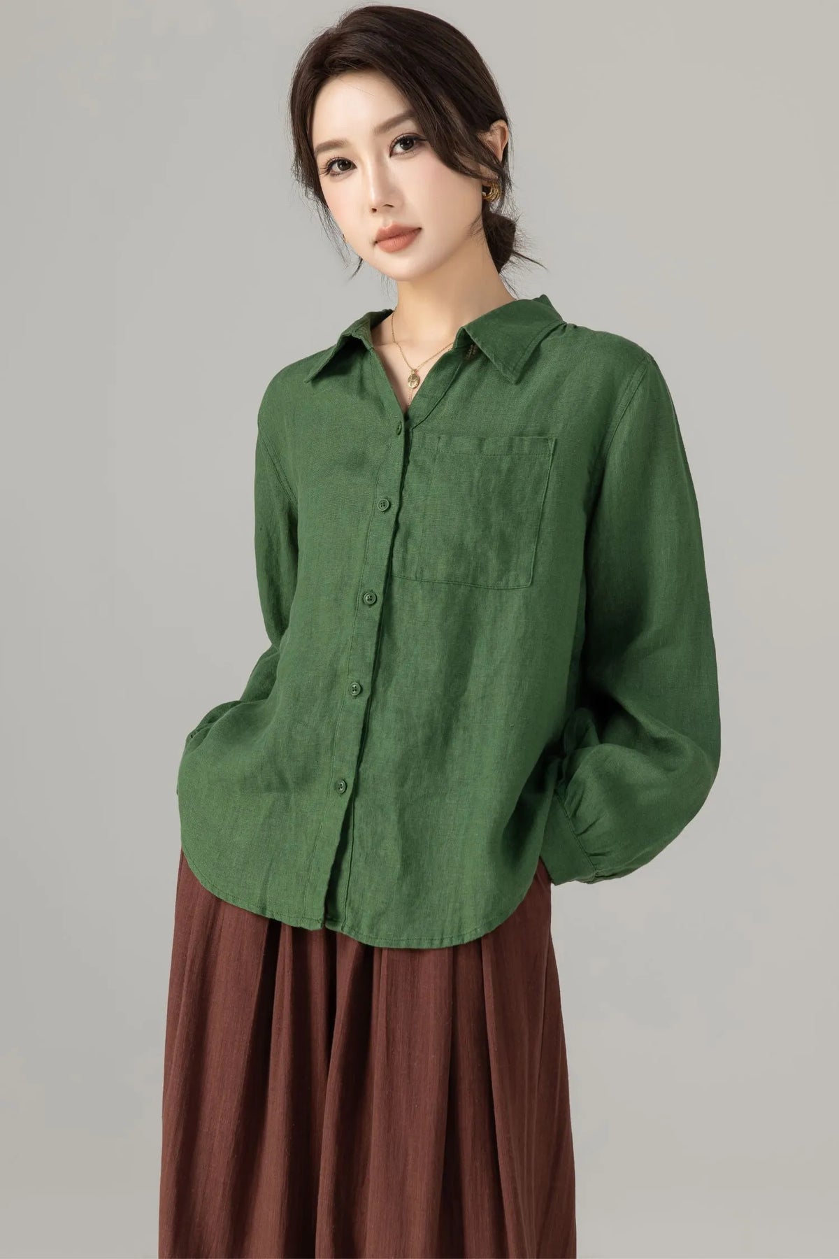 Green Linen Blouse - Loose Fit Vintage Collar Long Sleeve 