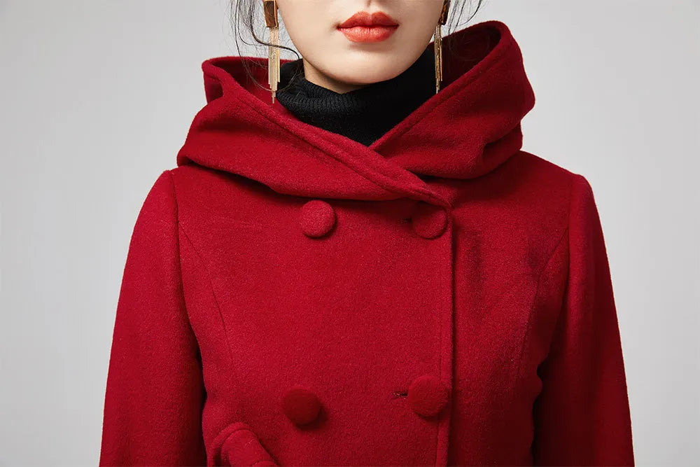Red Wool Blend Hooded Coat – Handmade Double-Breasted Winter Elegance 2199