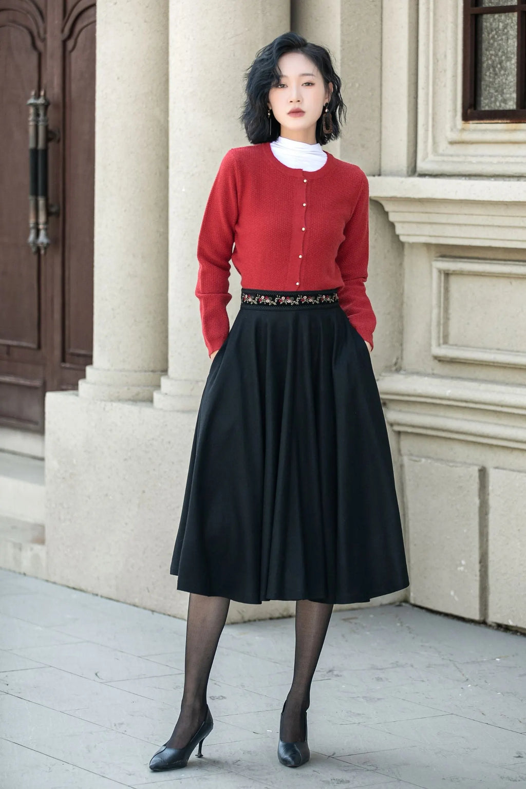 Black Wool Midi Skirt - Embroidered Waist A-Line Circle Skirt 5310