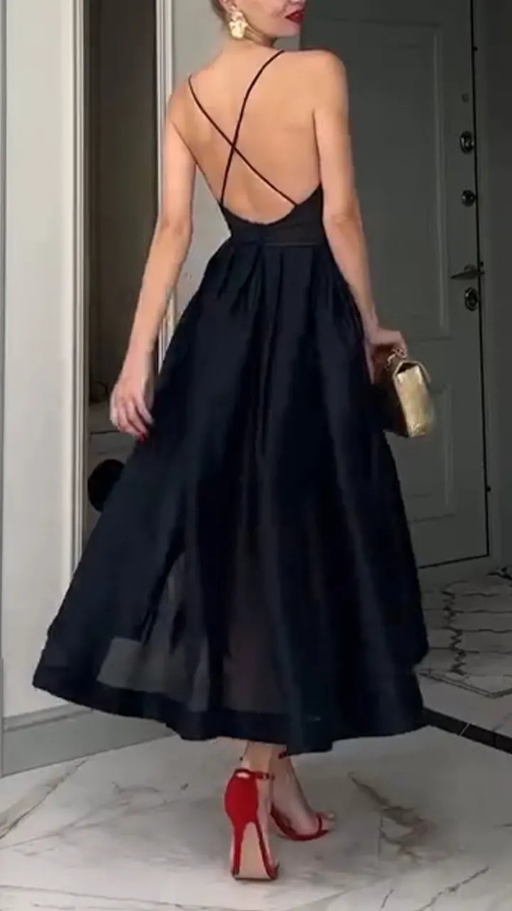 Women Spaghetti Strap Patchwork Solid Color Elegant Casual Dress