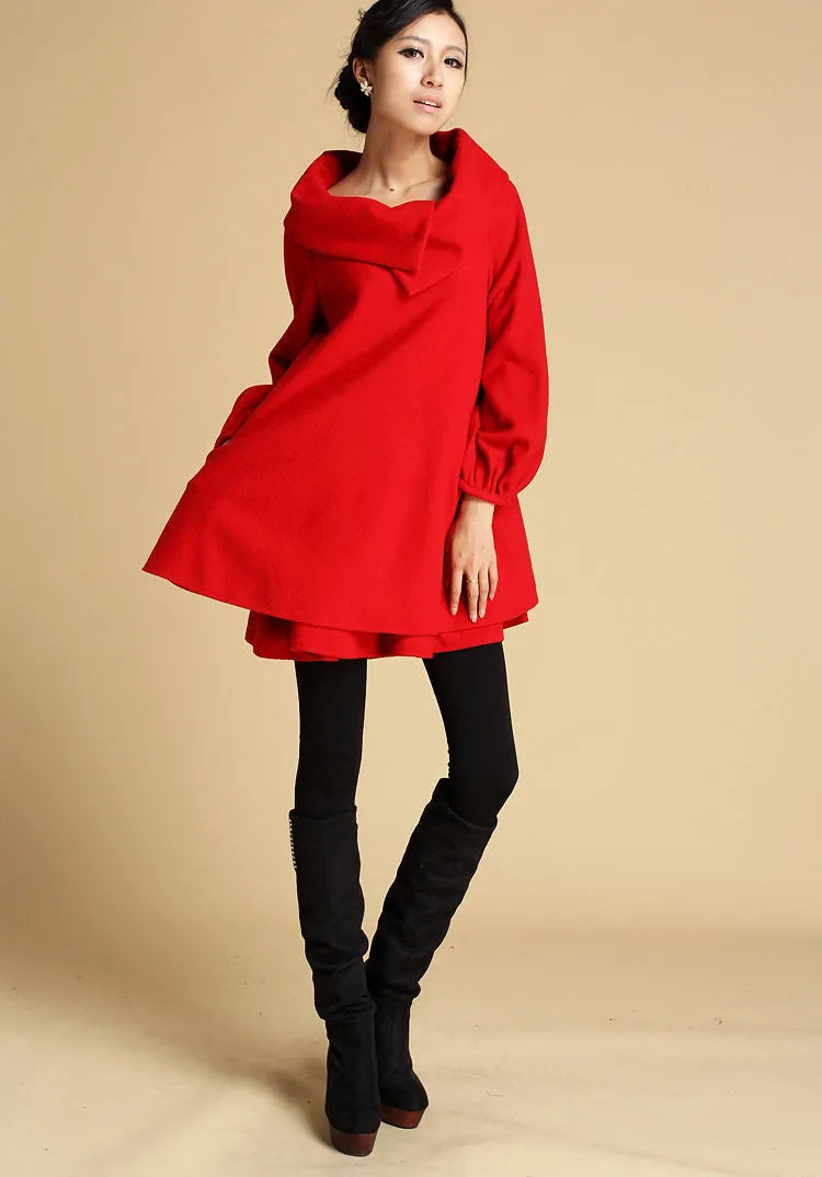 Red Wool Tunic Dress - Oversized Collar, Relaxed Fit Swing Silhouette 349