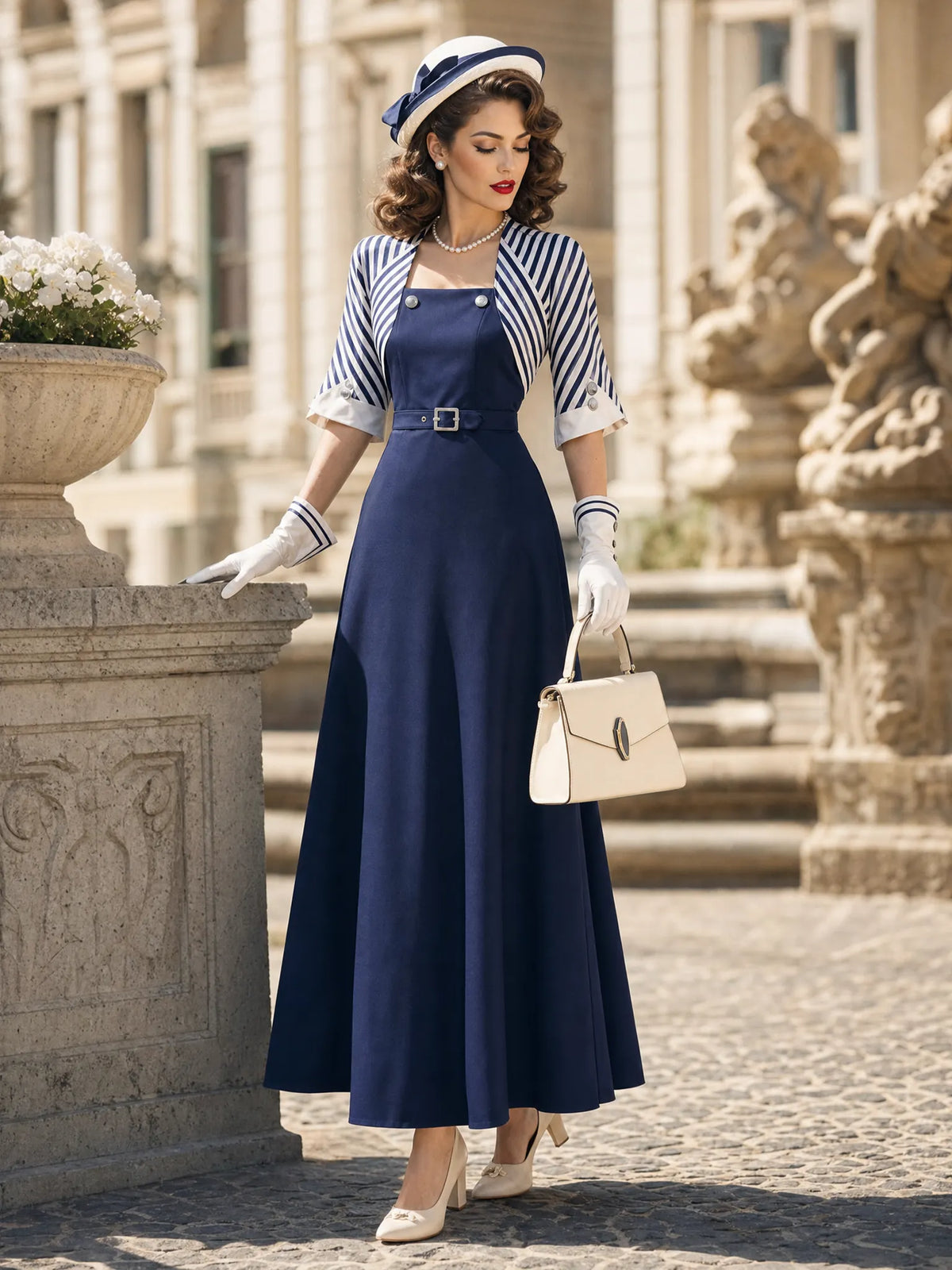 Vintage  Square Neck Belted Full Skirt Fake Two‑Piece Maxi Dress