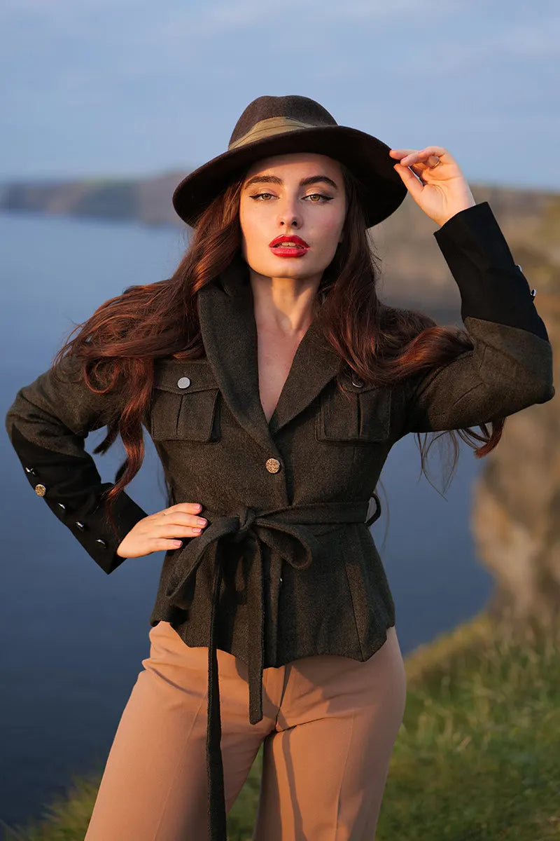 Handmade Army Green Wool Jacket – Vintage Military Short Coat with Belt 