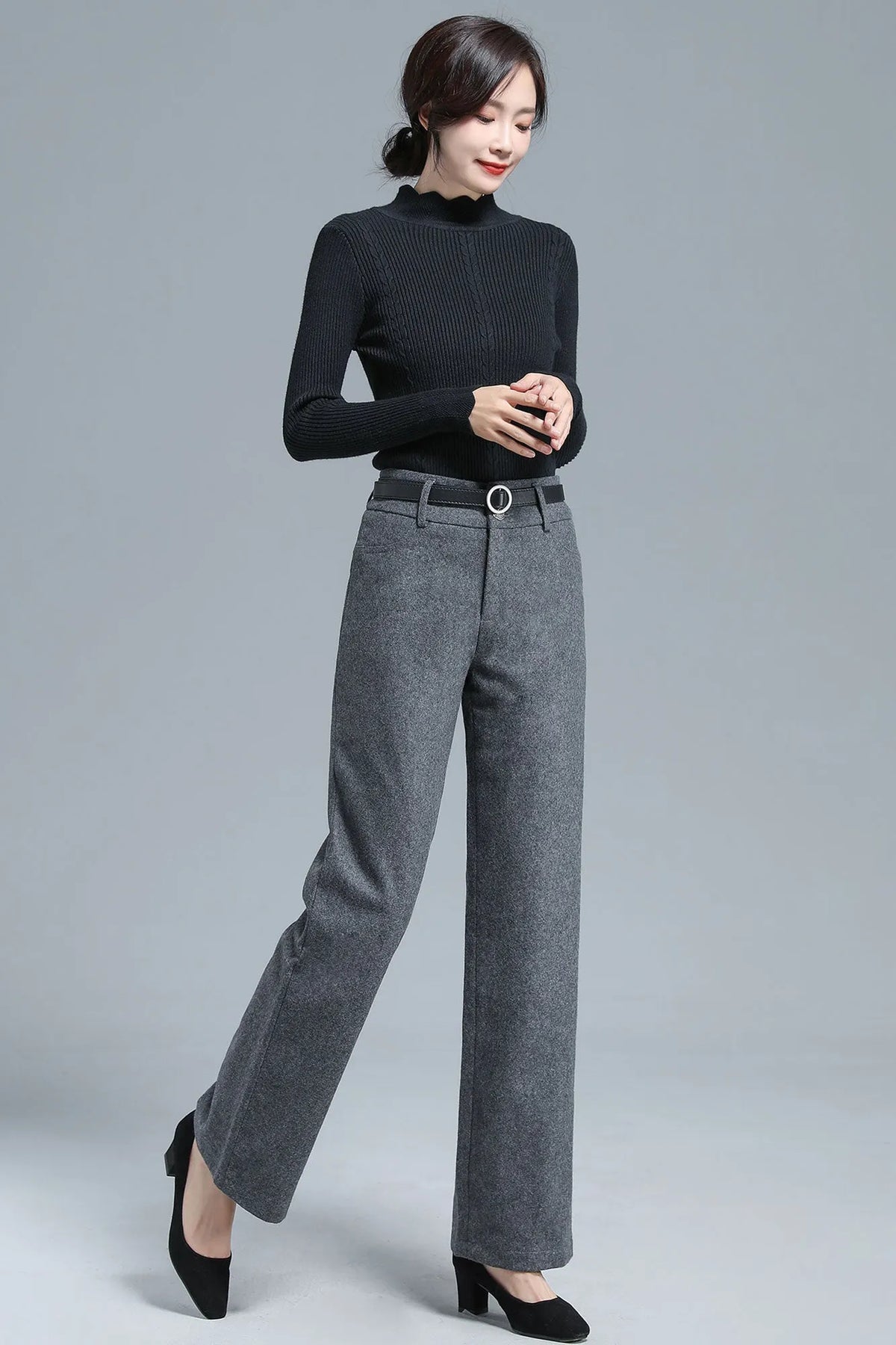Gray Wool Blend Wide Leg Pants – Vintage High Waist Winter Trousers 3136