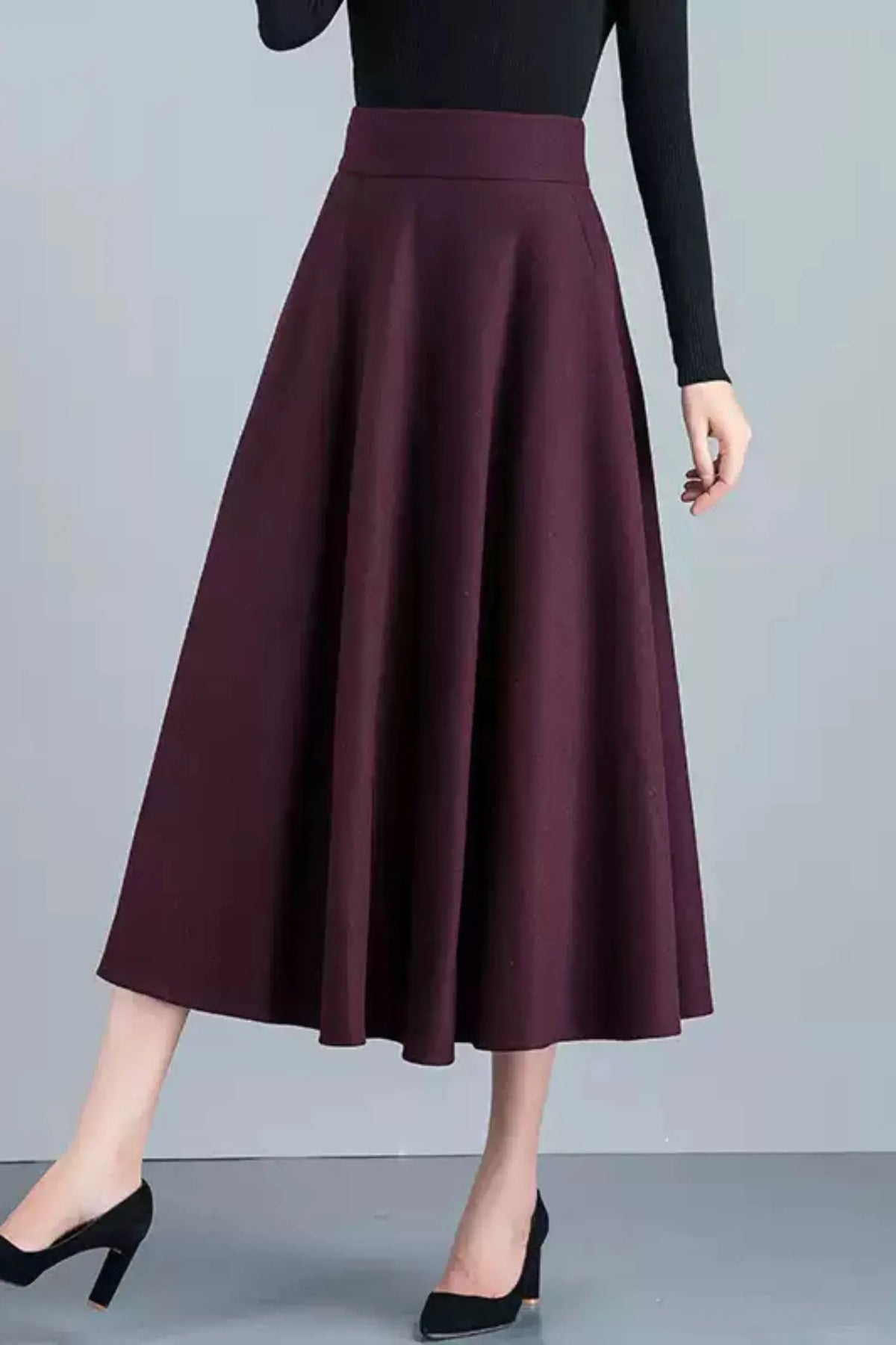 Handmade Wool Midi Skirt – Vintage A-Line High Waist with Pockets 6212
