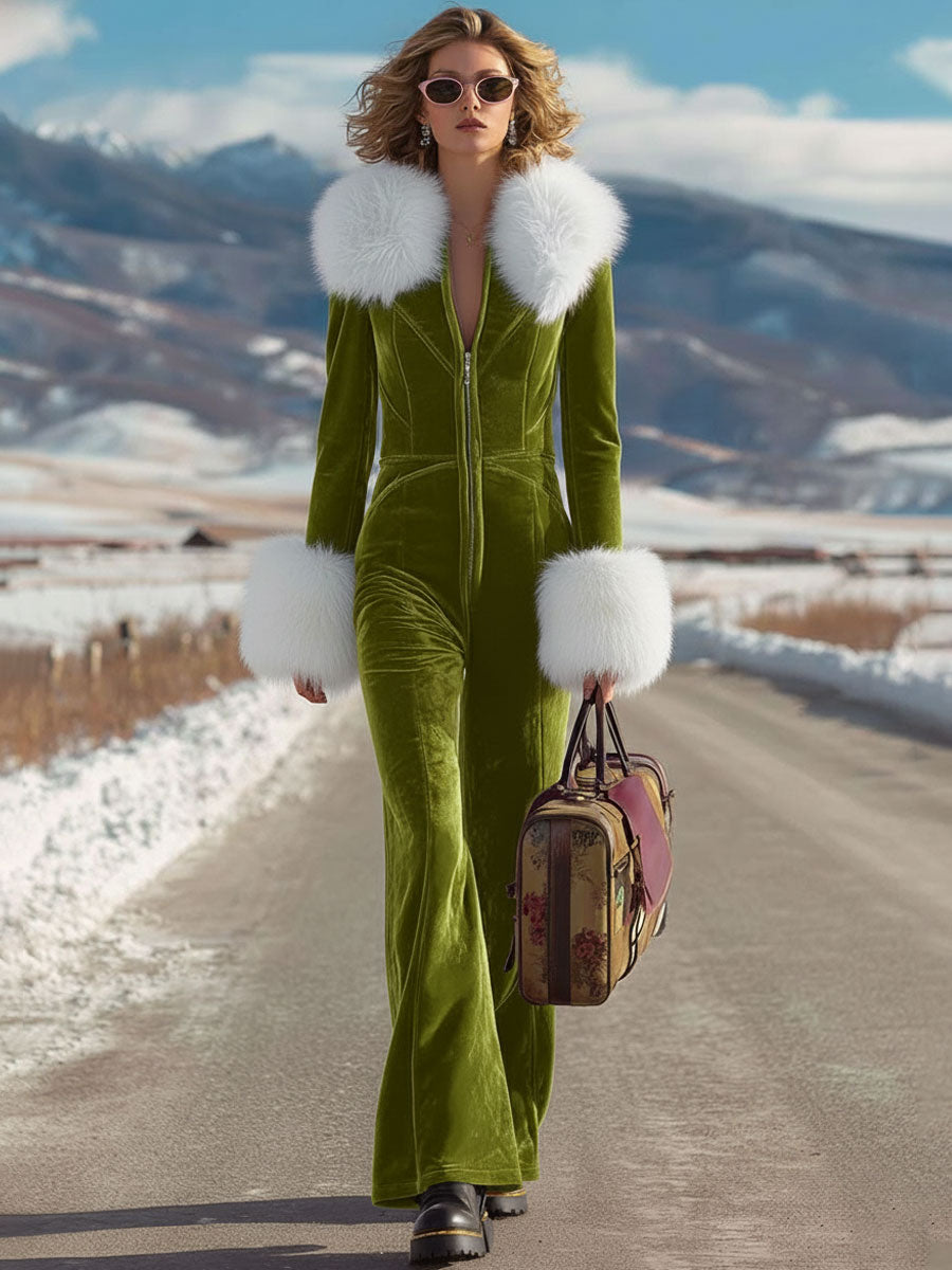 Fashion Retro Rose Red Velvet Faux Fur Collar Long Sleeve Flared Jumpsuit