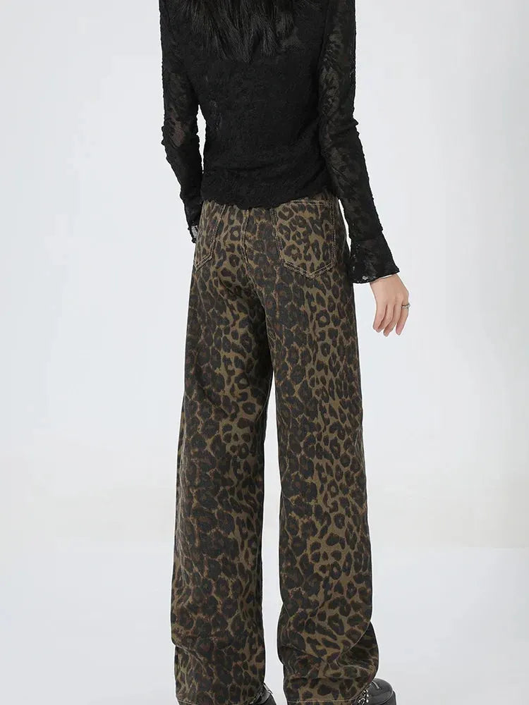 New Leopard Print Wide Leg Women High Waisted Fashion Streetwear Retro Y2K Denim Baggy Casual Straight Jean