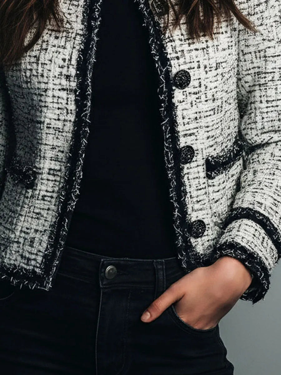 Classic Monochrome Tweed Jacket With Frayed Edge