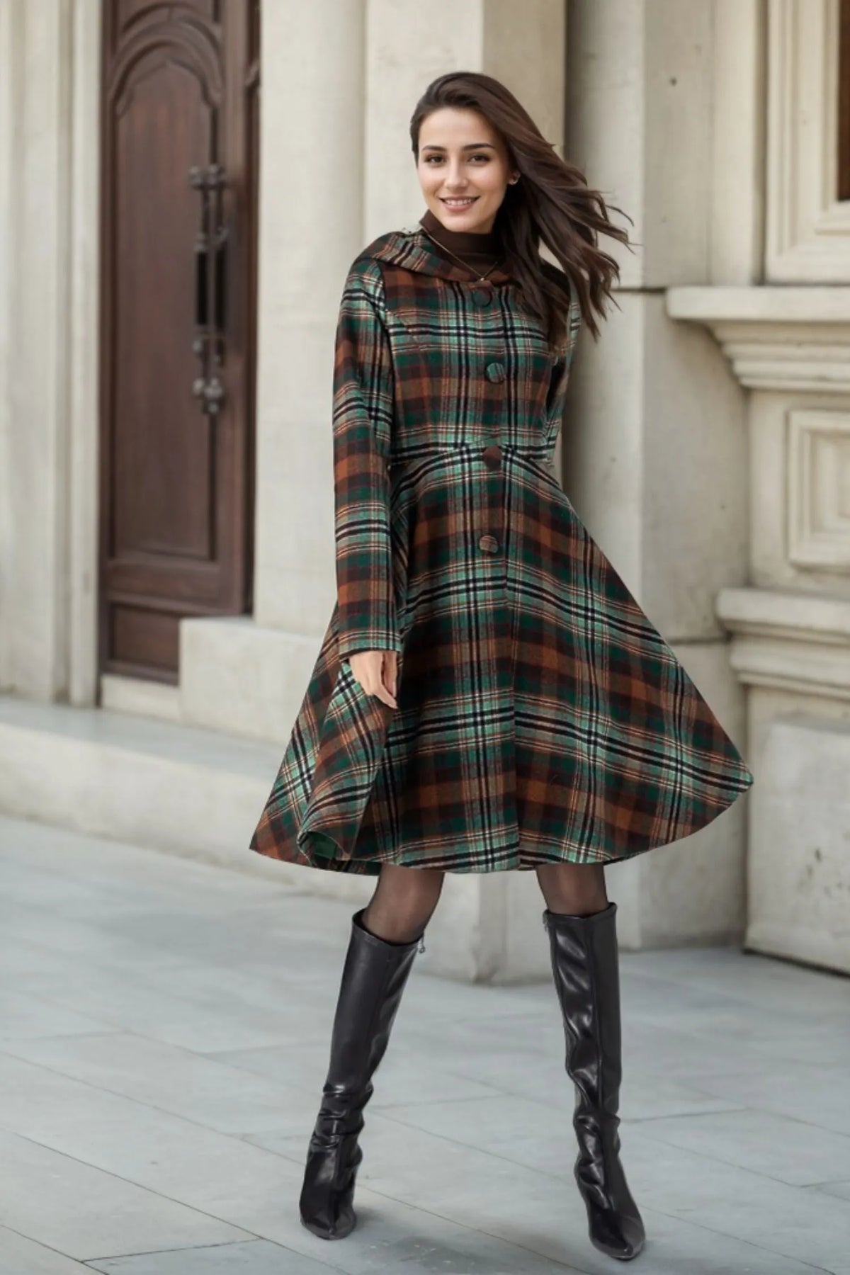 Plaid Wool Coat Midi Dress - Hooded Fit and Flare Winter Outerwear 4784