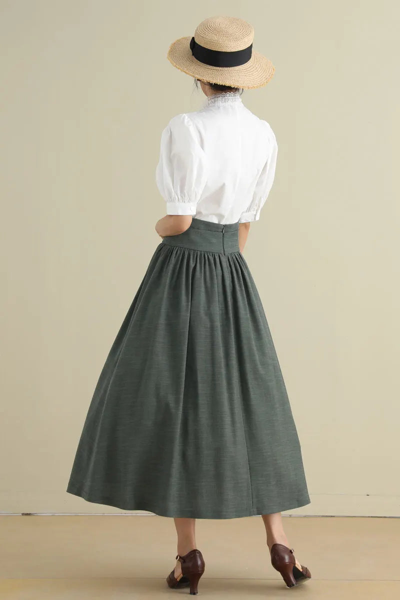 Green Linen Cotton Midi Skirt - Pleated High Waist with Drawstring 2788