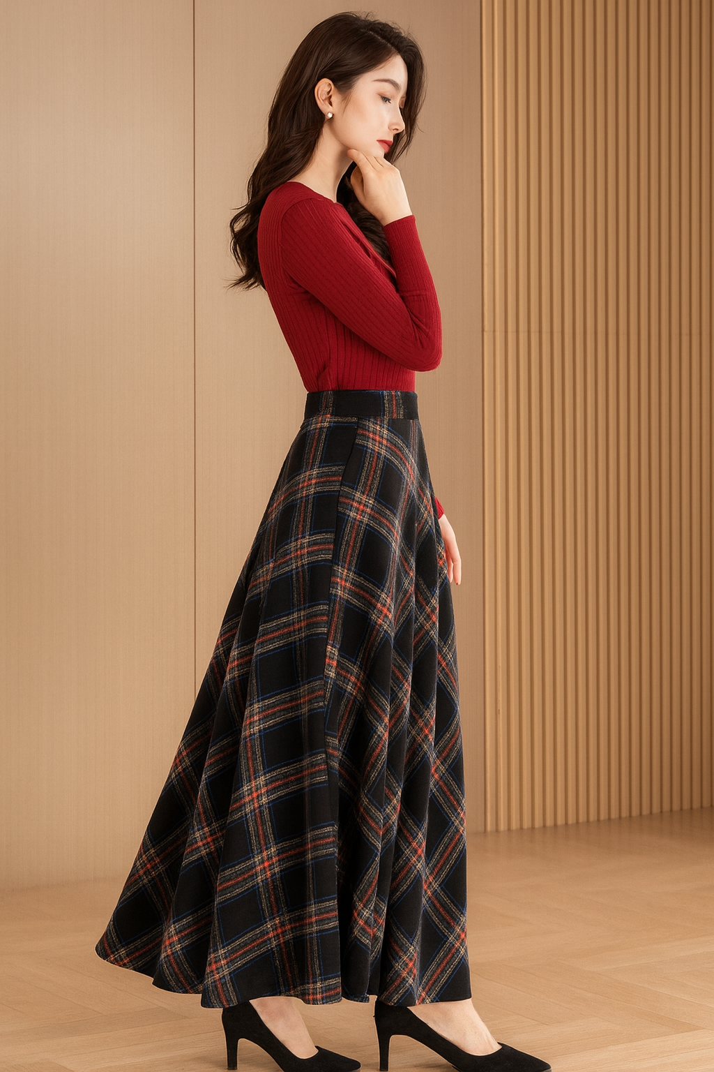 Handmade Black Red Plaid Wool Maxi Skirt – Vintage High Waist A-line Winter Elegance 
