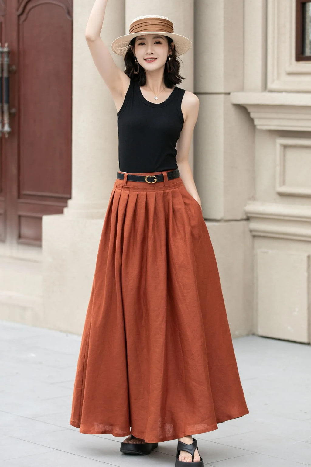 Orange Linen Cotton Blend Maxi Skirt - Pleated High Waist Swing 5191