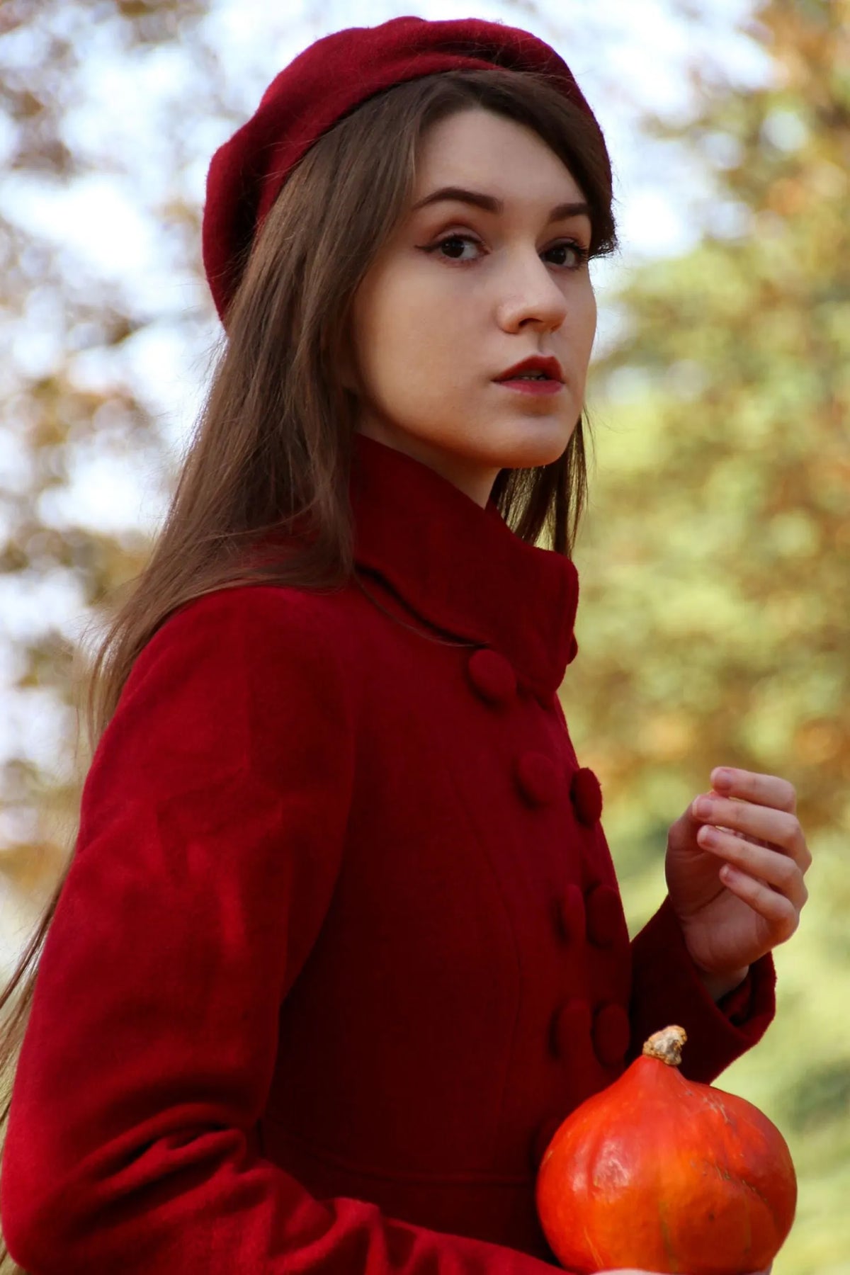 Red Wool Maxi Coat - Vintage Princess Silhouette with Pleated Detail 3219