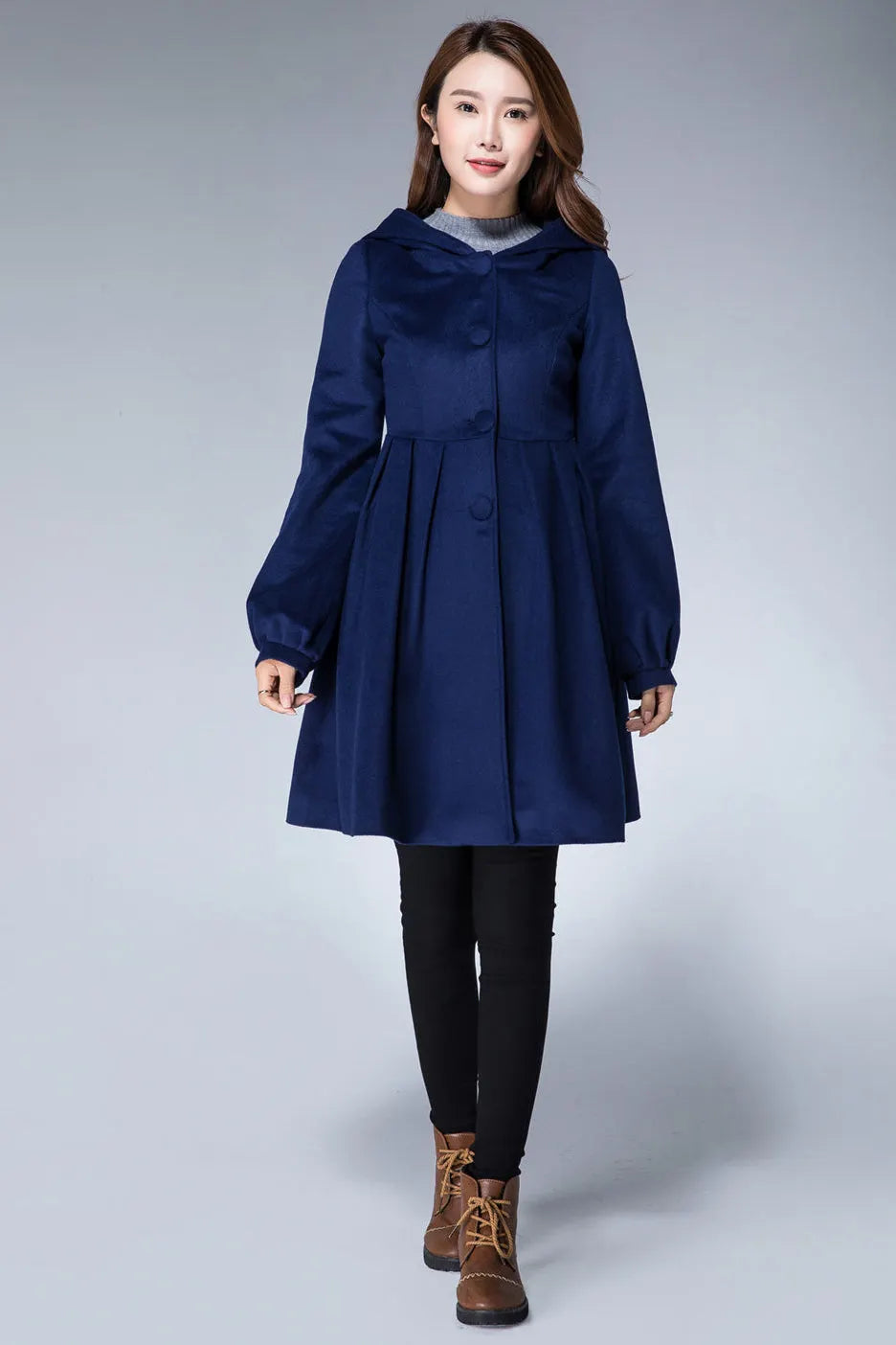 Navy Blue Hooded Wool Coat – Lantern Sleeve Winter Short Coat 