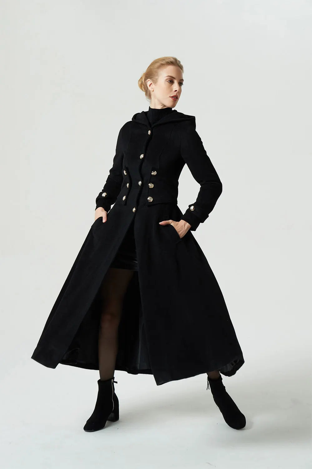 Black Wool Blend Hooded Maxi Coat - Military Style with Wide Waistband 1953