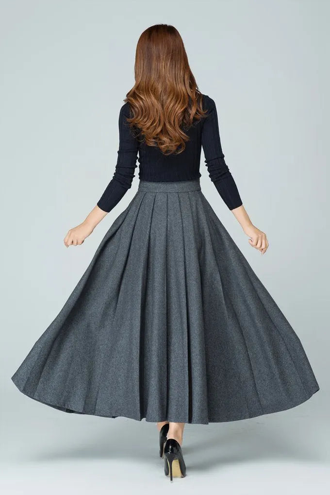 Grey Wool Blend Maxi Skirt – Handmade High Waist Pleated Winter Elegance 1587
