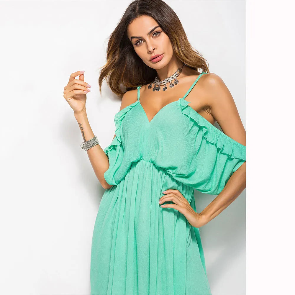 KittenAlarm - Holiday Beach Wedding Floral Off-shoulder Bat-sleeve Halter Suspender Dress