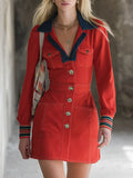 Red Denim Mini Dress Button Front Contrast Collar Jacket Dress
