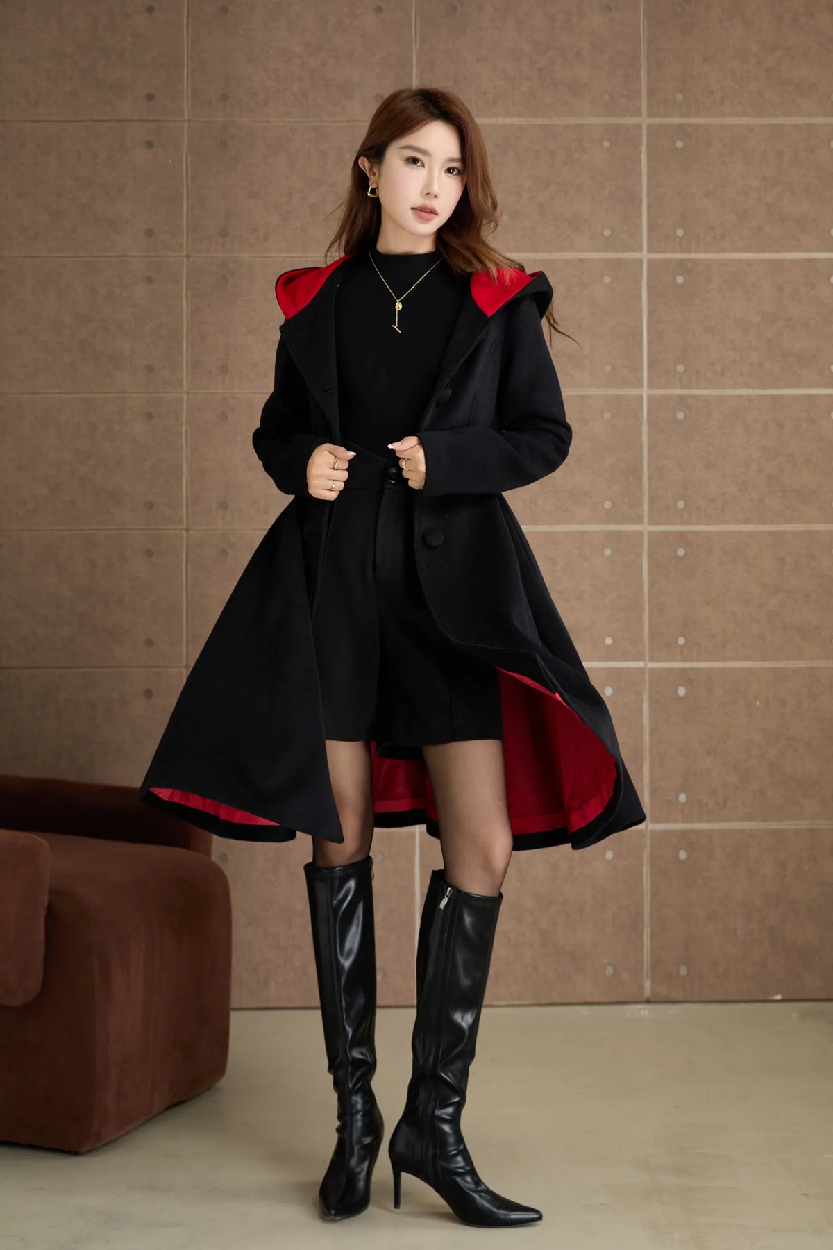 Black Wool Fit and Flare Coat - Hooded Silhouette with Satin Lining 5363