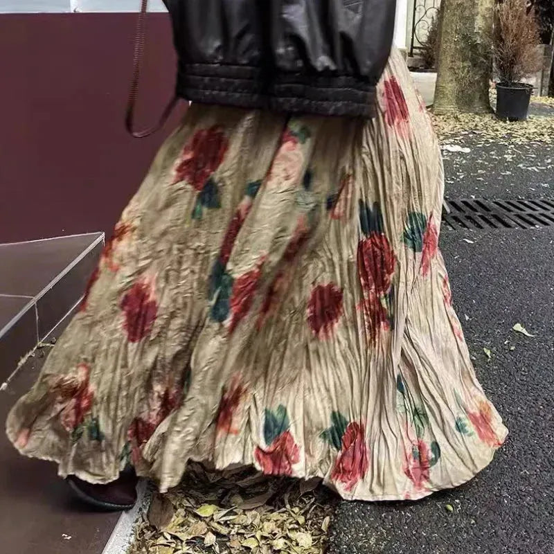 High Waist Rose Pendulum Skirt Boho Draped Pleated Vintage Maxi