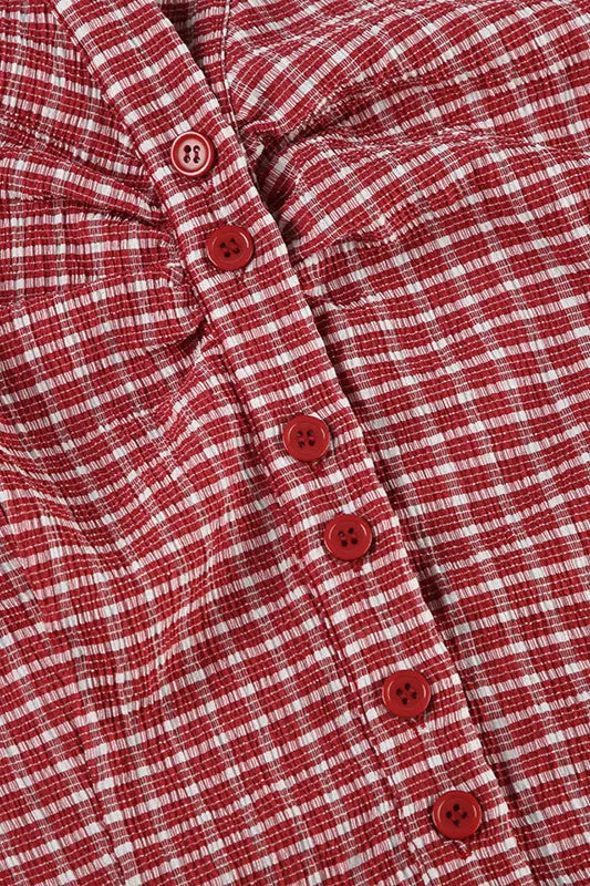 Vintage Red Plaid Polo Collar Button-Down Cropped Blouse