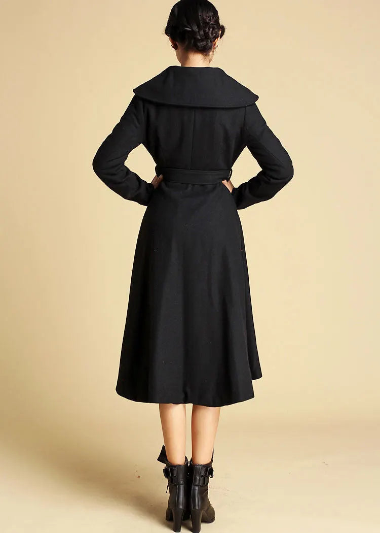 Black Wool Coat - Double Folded Collar with Self-Tie Waist 2113199813