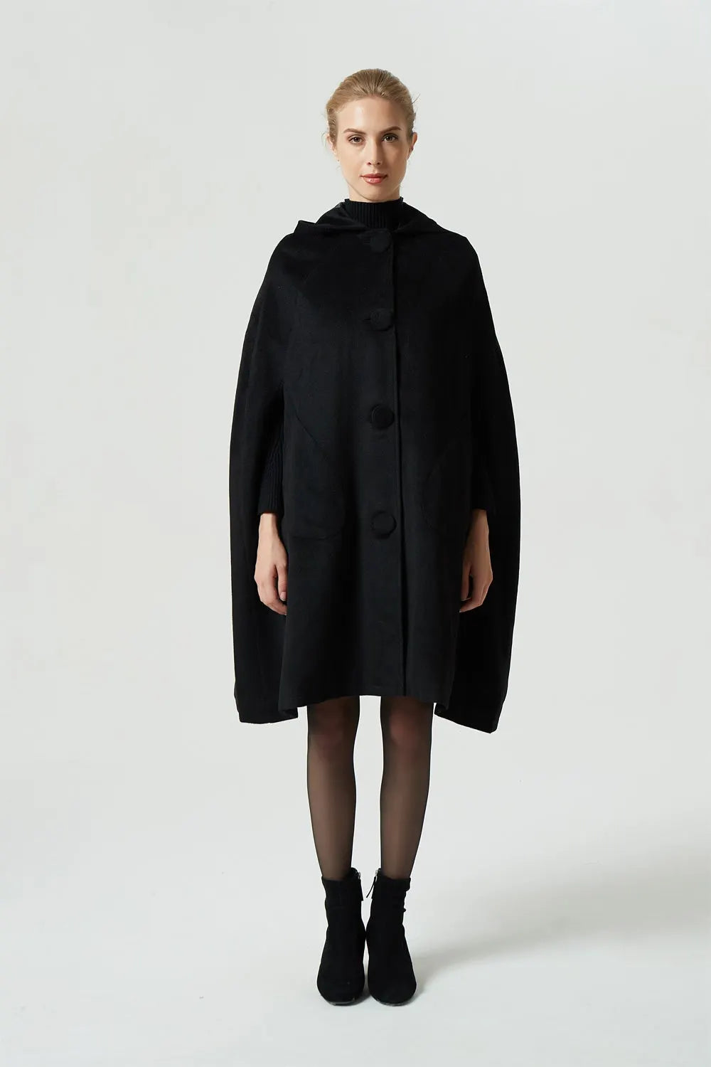 Black Wool Cape Coat - Vintage Hooded Flowing Silhouette 1952