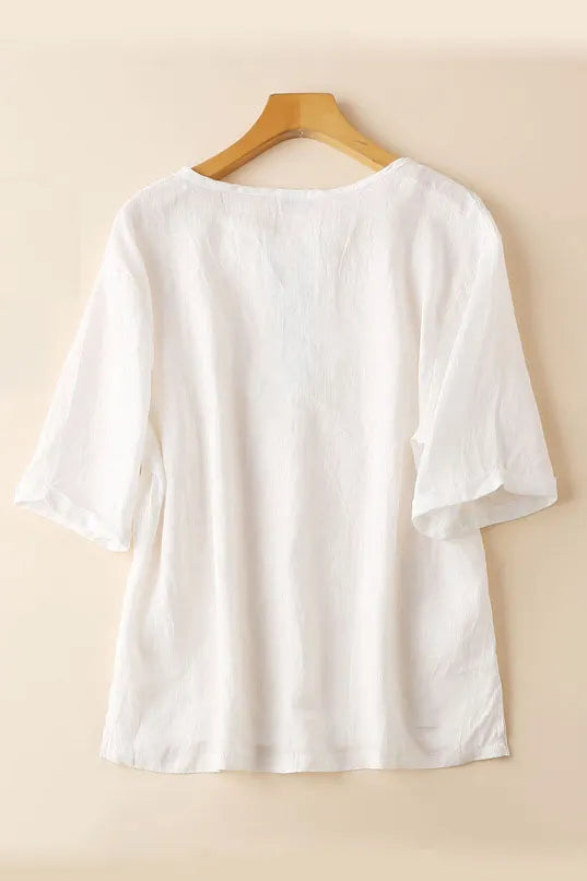 White Linen Tunic Top - Loose Fit Half Sleeve with Embroidered Detail J044