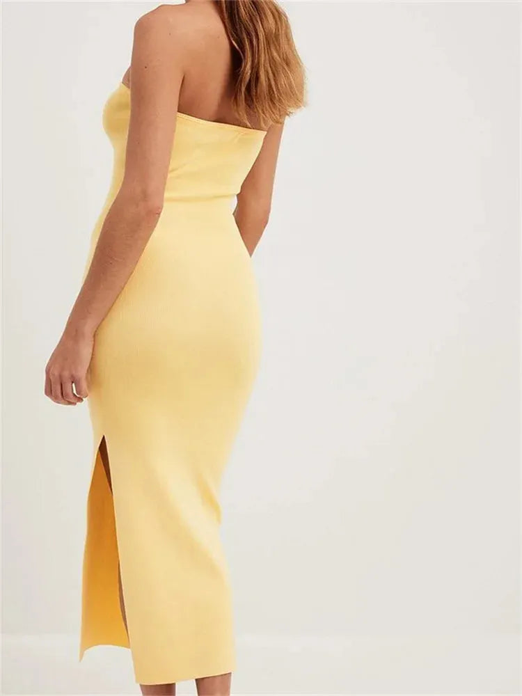 Sexy Women Tube Solid Strapless Off Shoulder Backless Summer Side Split Party Knitted Vestidos