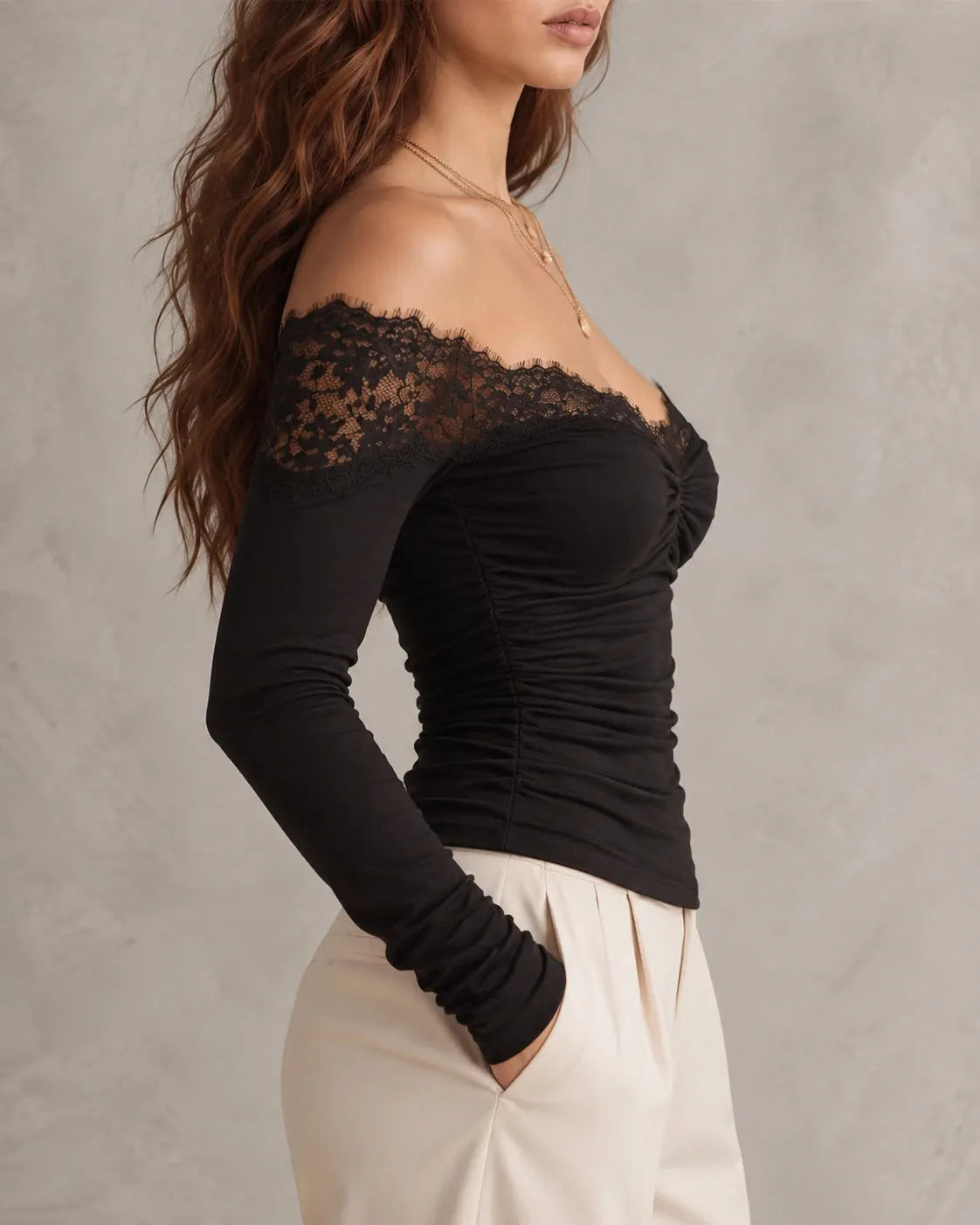 Black Off-Shoulder Ruched Lace Top