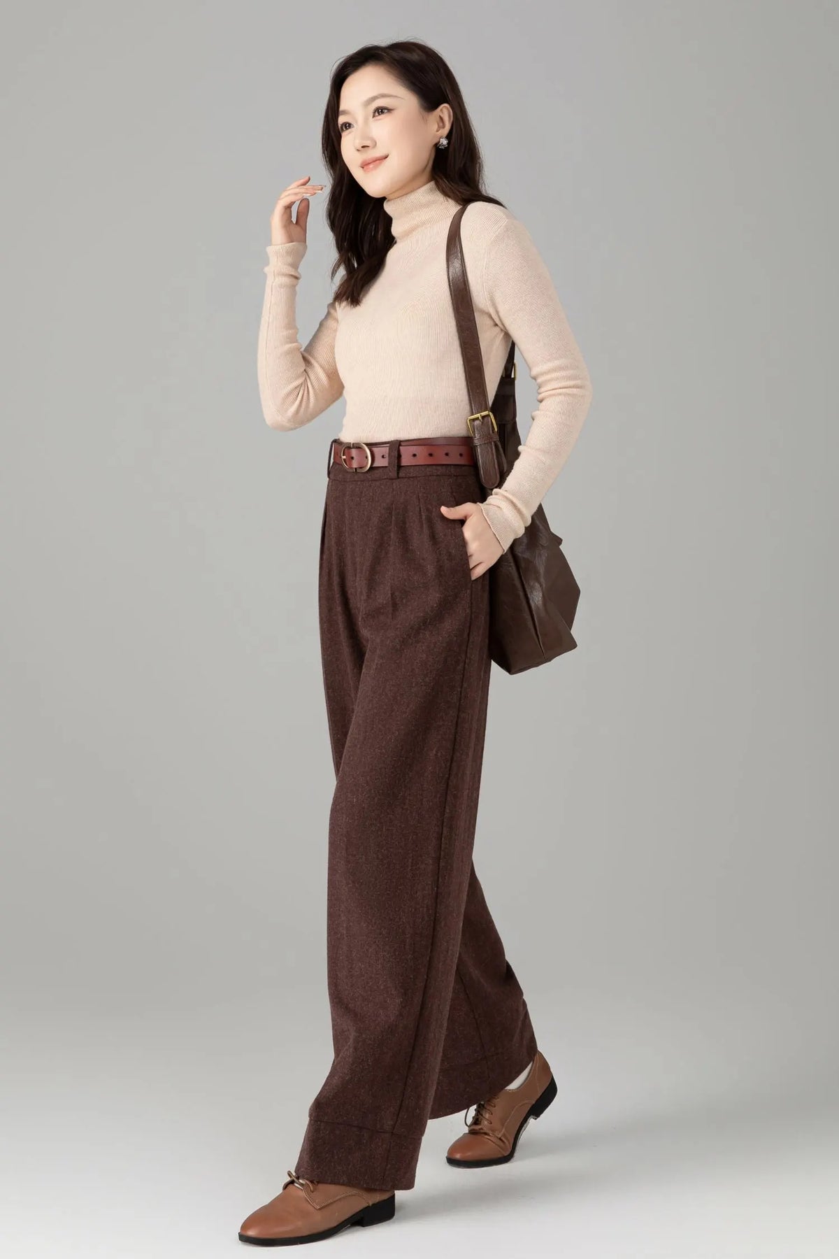Women’s Chocolate Wool Trousers – Elegant Handmade High-Waist Pants 