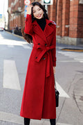 Red Wool Blend Long Coat - Double Breasted and Belted 3190