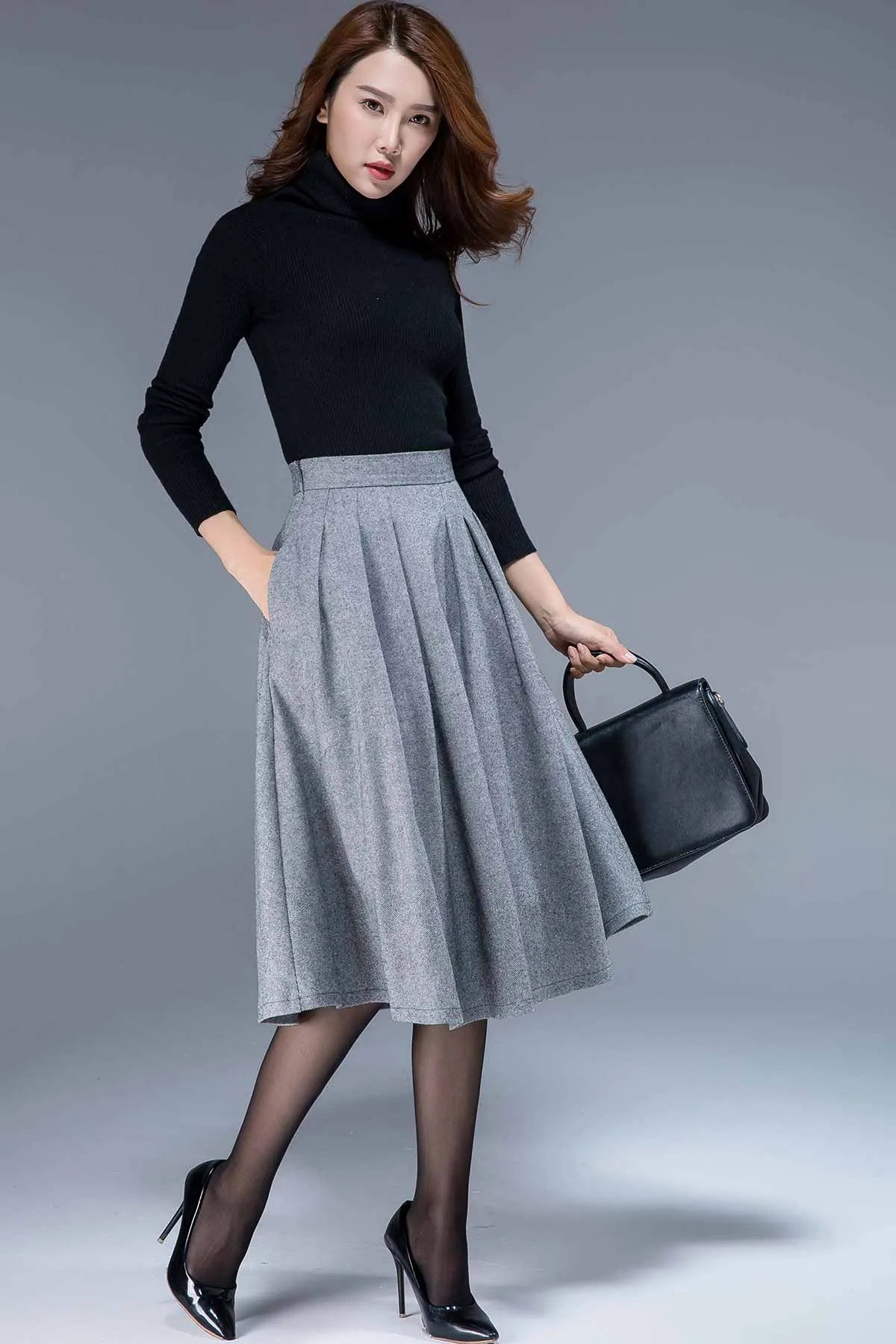 Handmade Wool Pleated Midi Skirt – Vintage Brown Winter Skirt 