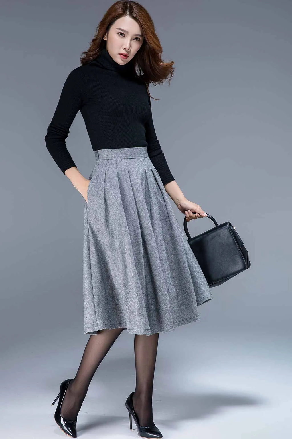Gray Pleated Wool Midi Skirt – Handmade High Waist Winter Classic 