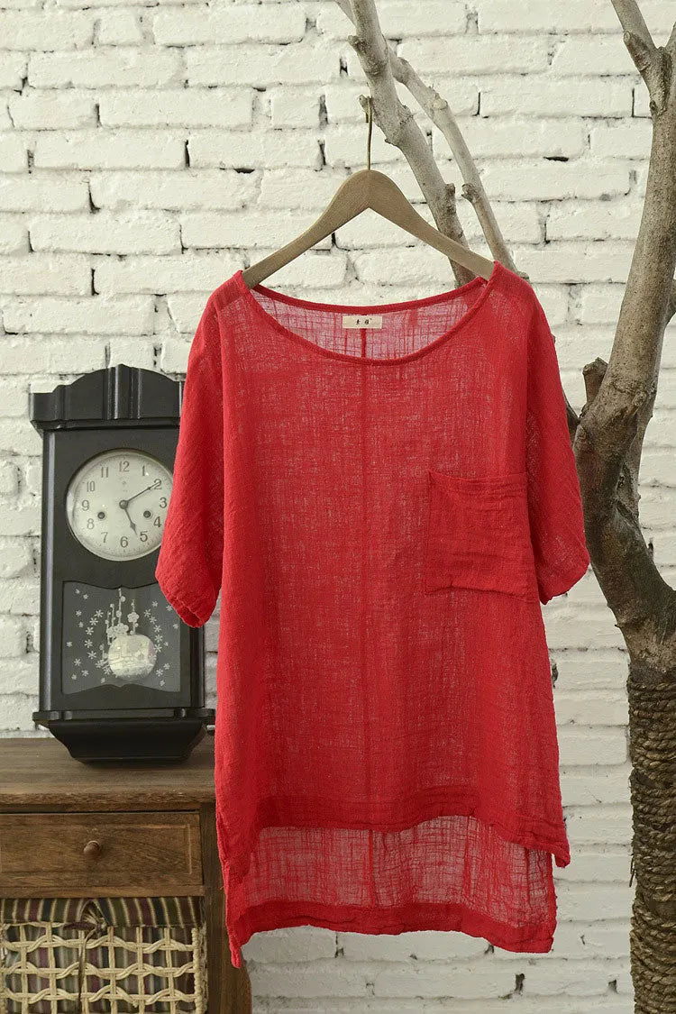 Linen Tunic Top - Round Neck Half Sleeve Longline 