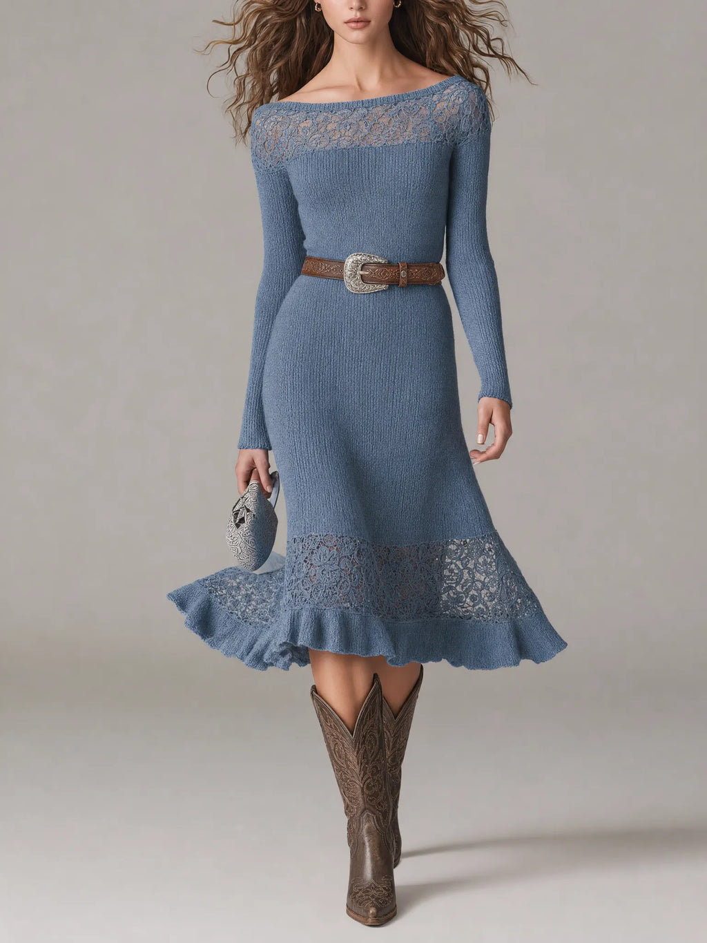 Boat Neck Openwork Panel Ribbed Knit Midi Dress