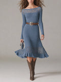 Boat Neck Openwork Panel Ribbed Knit Midi Dress