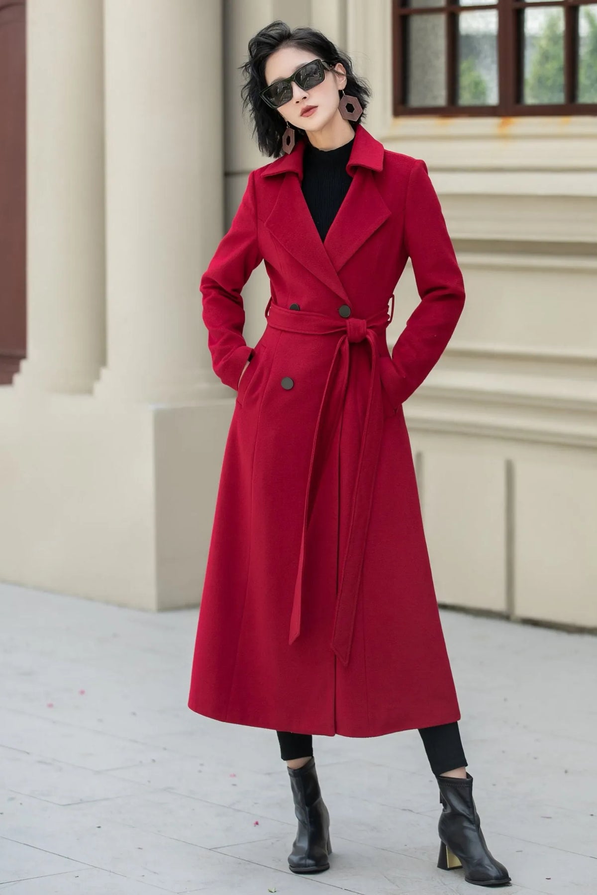 Red Wool Maxi Coat - Double-Breasted Fit & Flare Silhouette 5348
