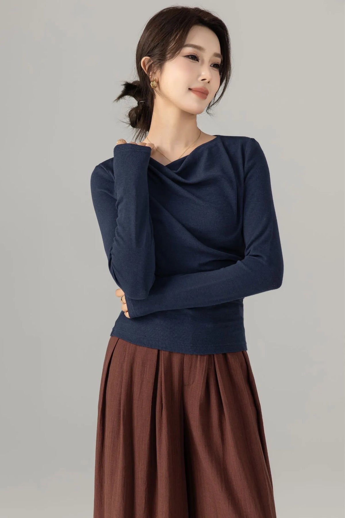 Navy Cotton Knit Long Sleeve Top - Slim Fit Drape Neck 5699